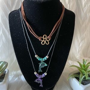 3 strands kids necklace (green, purple and gold tone flower pendant)